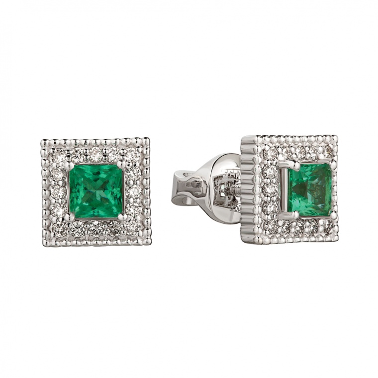 Emerald and Diamonds White Gold Stud Earring "Crown Princess".