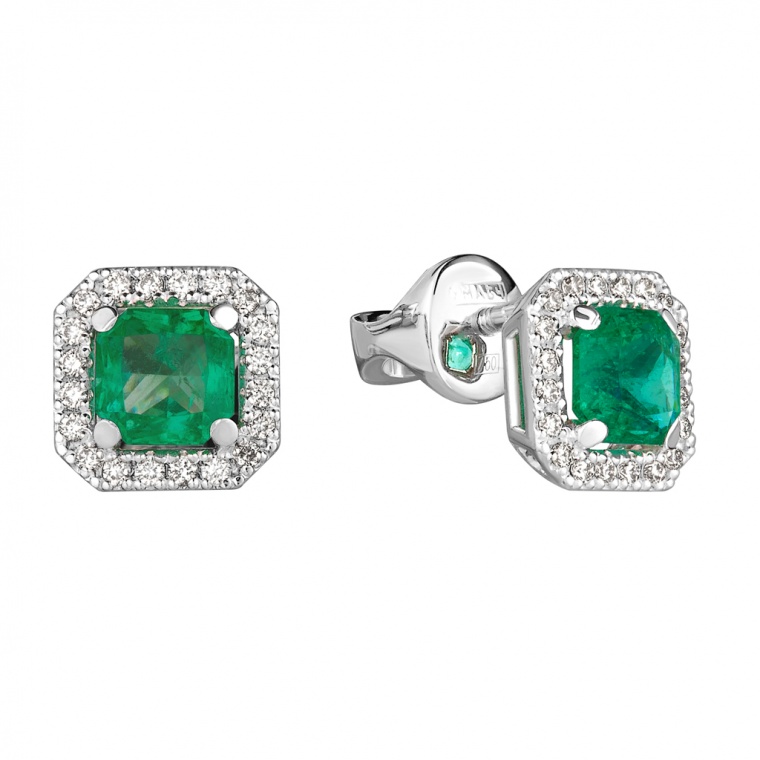 Emerald and Diamonds White Gold Stud Earring "Divina".