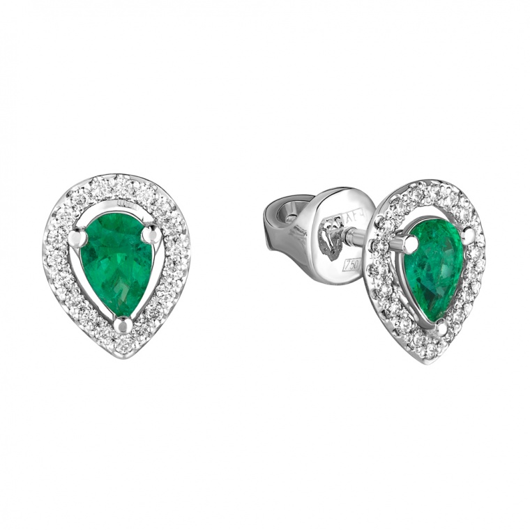 Emerald and Diamonds White Gold Stud Earring "Drop".